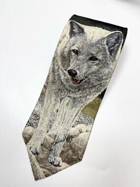 Vintage 1996 Endangered Species Arctic Wolf 100% Silk Made in USA Necktie Tie